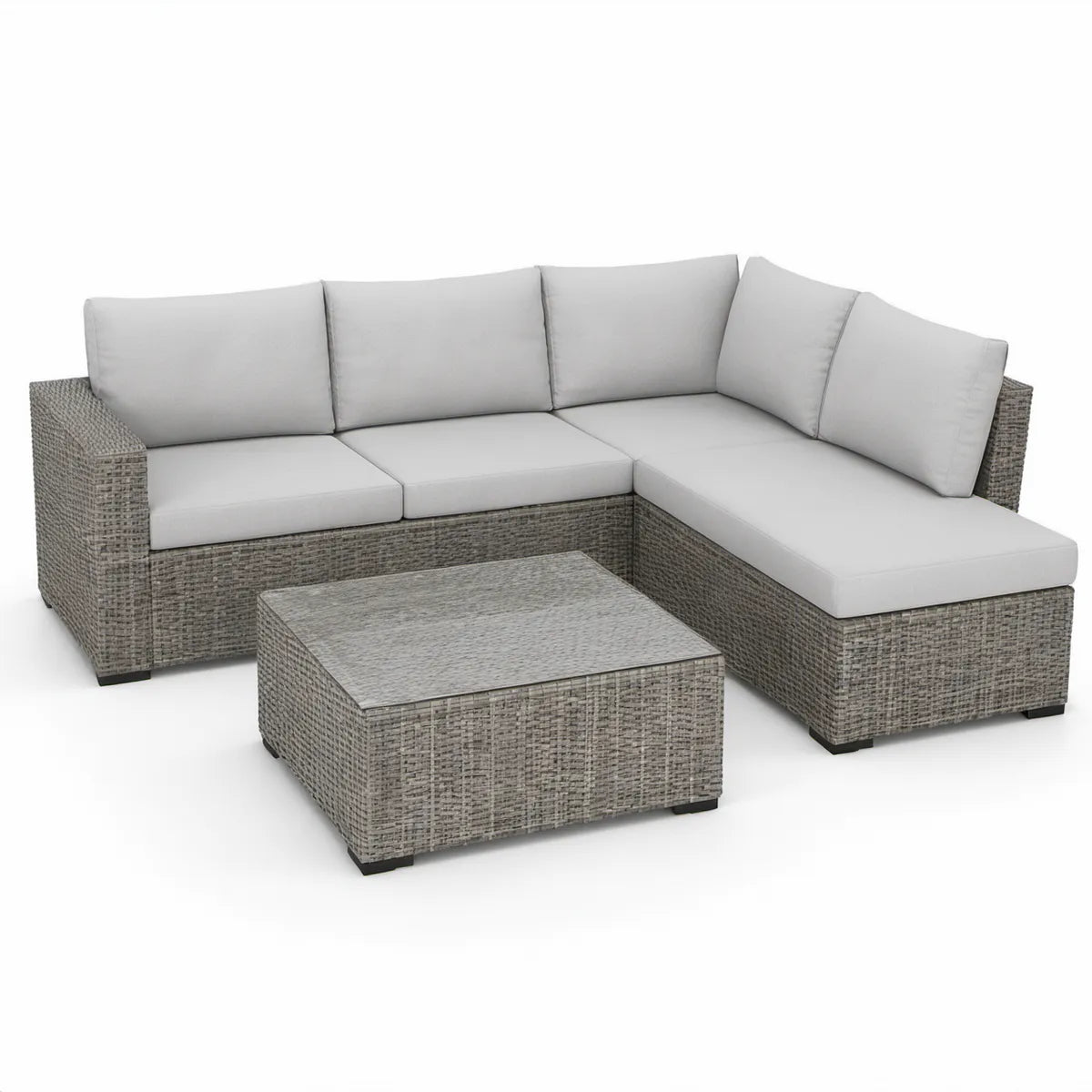 L-formet haveloungesæt til 3 personer med sofabord i grå/lysegrå, 200 x 140 x 70 cm