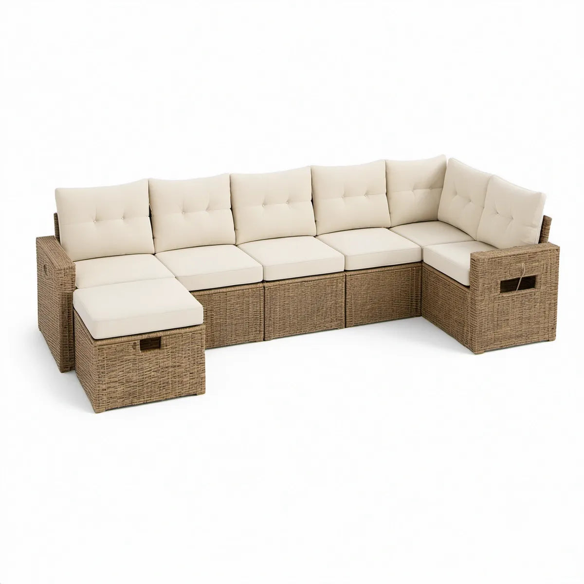 L-formet hjørnesofa til haven med opbevaring, 6 siddepladser, naturfarvet/creme, 280 x 210 x 70 cm