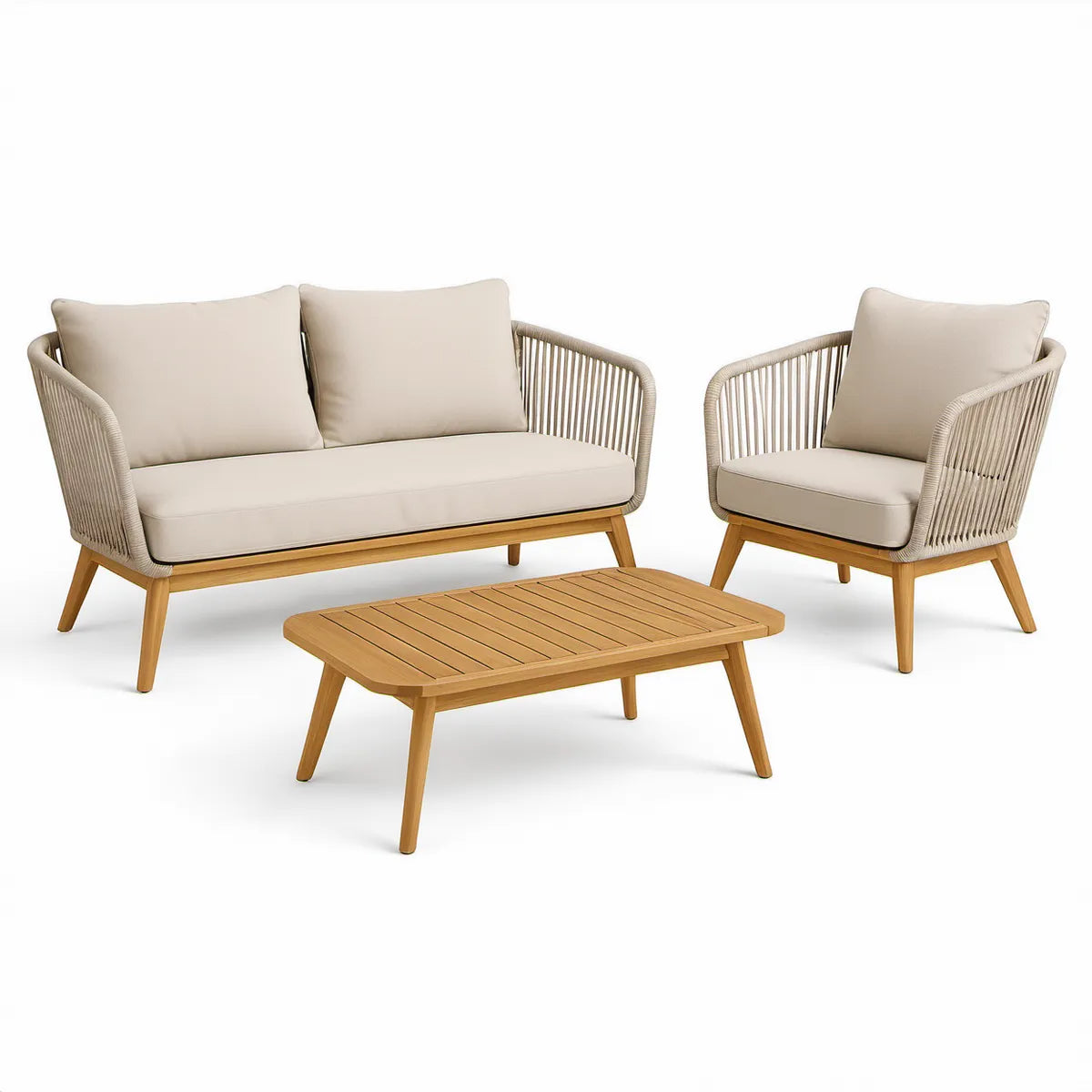 Udendørssæt i massivt akacietræ med beige hynder, sofa 130 x 75 x 78 cm, lænestol 72 x 75 x 78 cm og bord 100 x 60 x 42 cm