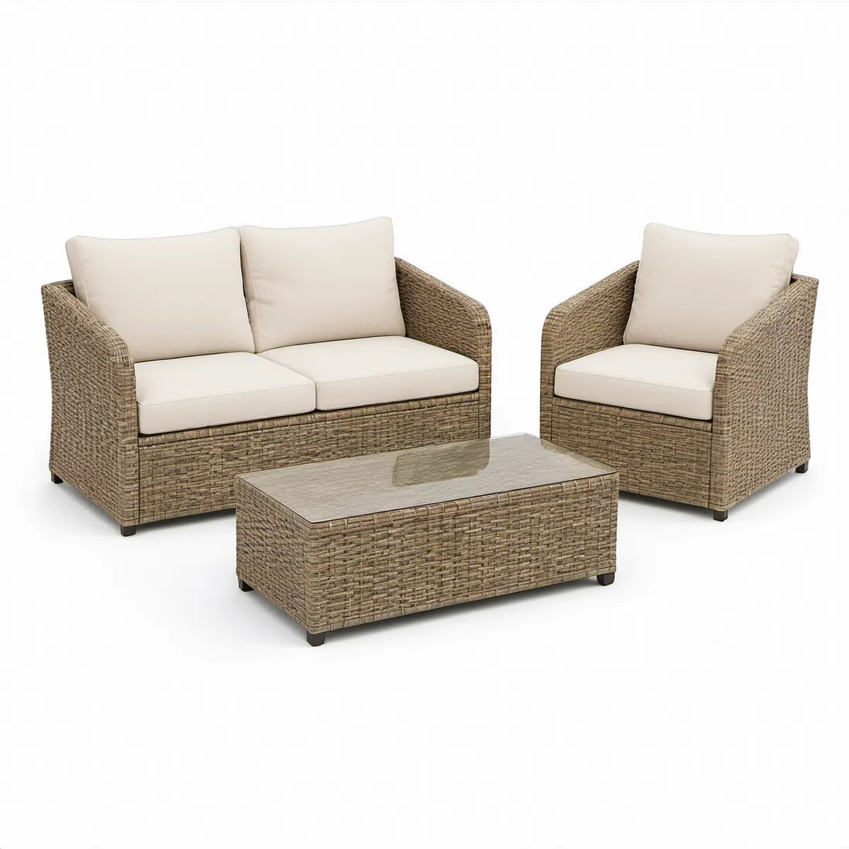 Beige og gråbrunt PE-rattansæt med cremehvide hynder, 2-personers sofa 130 x 75 x 78 cm, lænestol 75 x 75 x 78 cm og bord 120 x 60 x 45 cm
