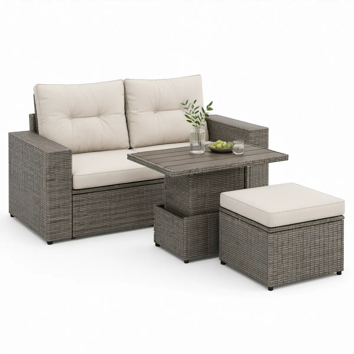 Loungesæt i grå PE-rattan med cremefarvede hynder, 2-personers sofa 124 x 65 x 60 cm