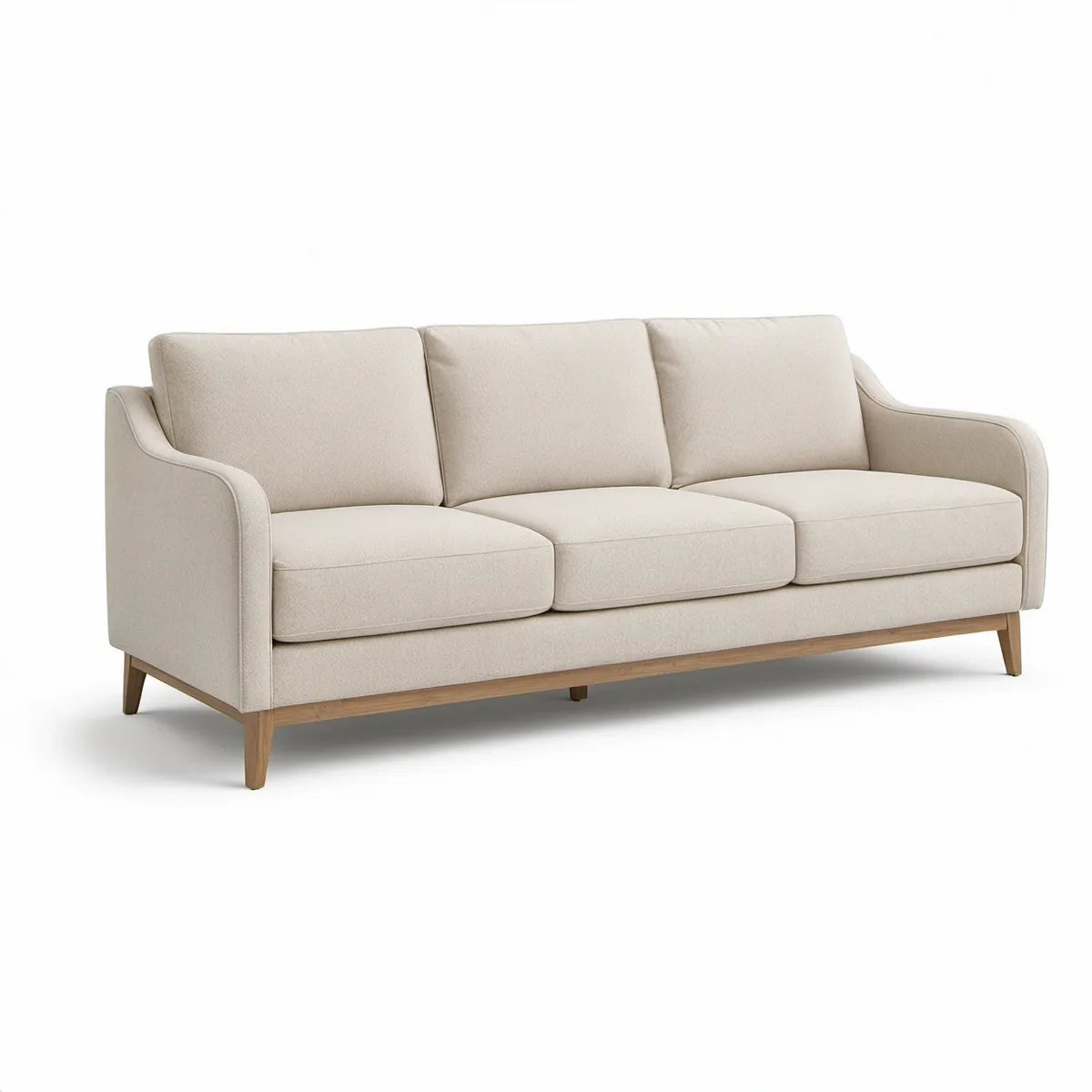 3-personers sofa i beige med naturfarvede træben, 210 x 90 x 85 cm