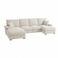 U-sofa med dobbelte chaiselonger i riflet cremefarvet polyester, 300 x 160 x 85 cm