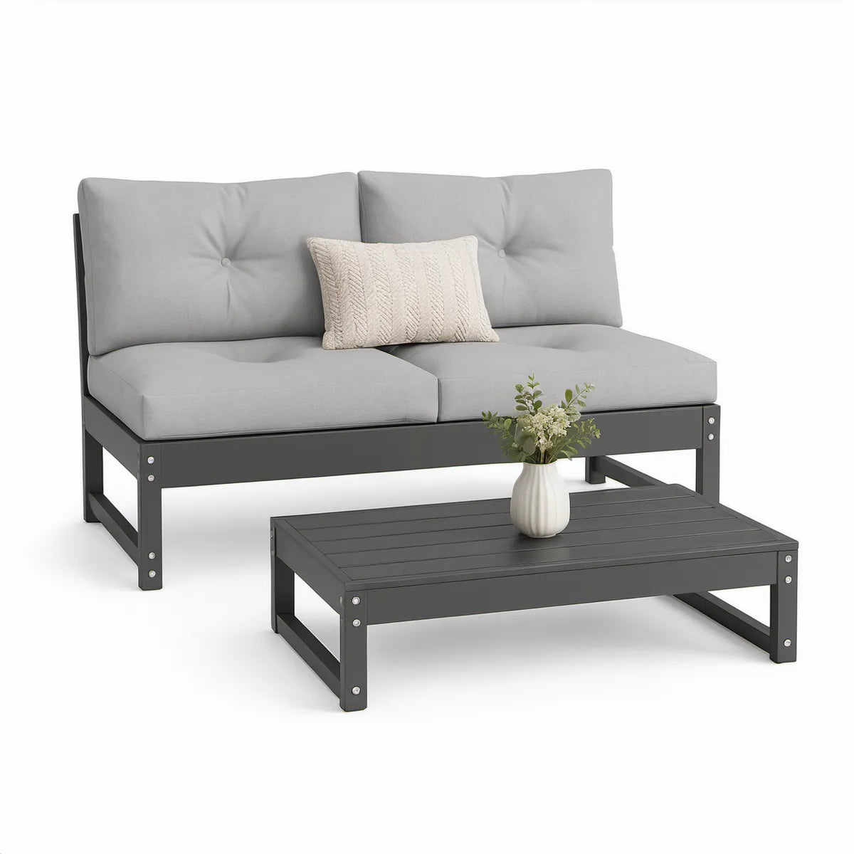 2-personers loungesæt i antracitgrå og lysegrå med hynder og bord, sofa 124 x 70 x 65 cm, bord 100 x 60 x 36 cm