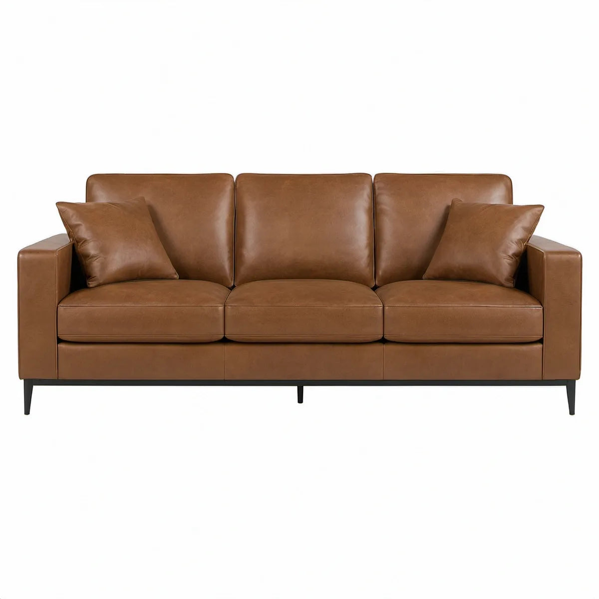 3-personers sofa i cognacbrunt PU-kunstlæder med sorte ben, 220 x 90 x 85 cm