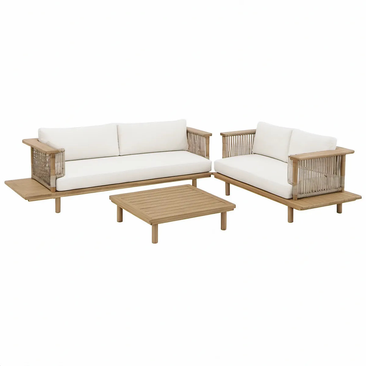 Havesofasæt i 3 dele i bambus og PE-rattan, naturbrun/hvid, sofaer 210/180 x 82 x 72 cm