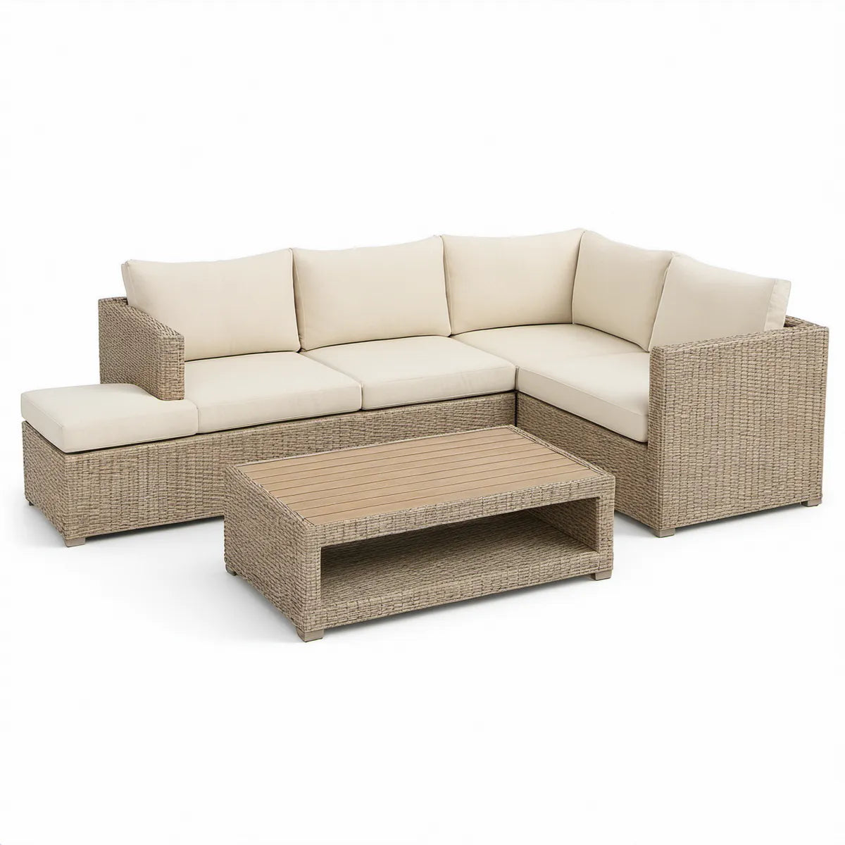 Beige havehjørnesofa med chaiselong og sofabord, 230 x 180 x 76 cm