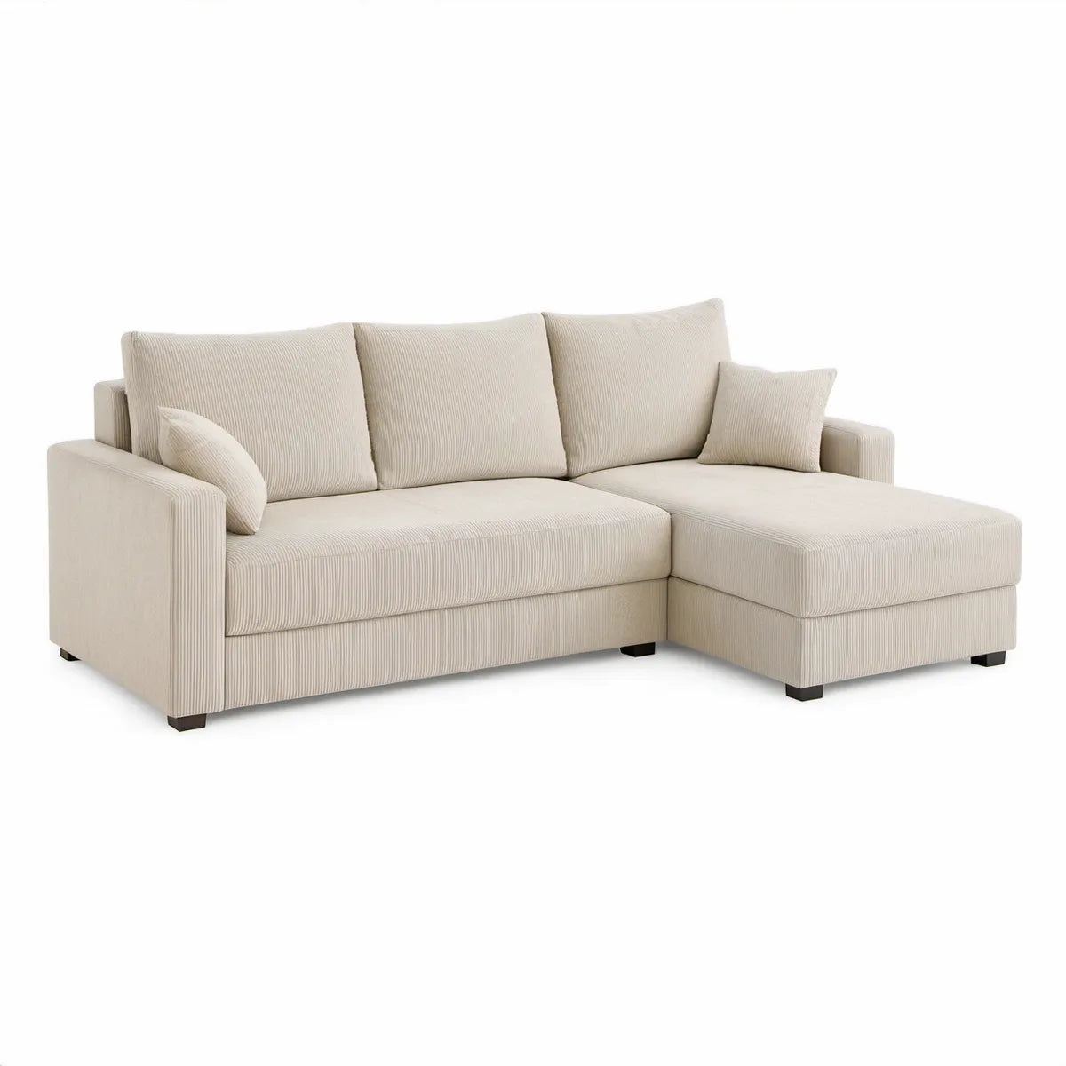 L-formet hjørnesofa med højrevendt chaiselong i ribbet polyester, cremehvid/sort, 250 x 160 x 85 cm
