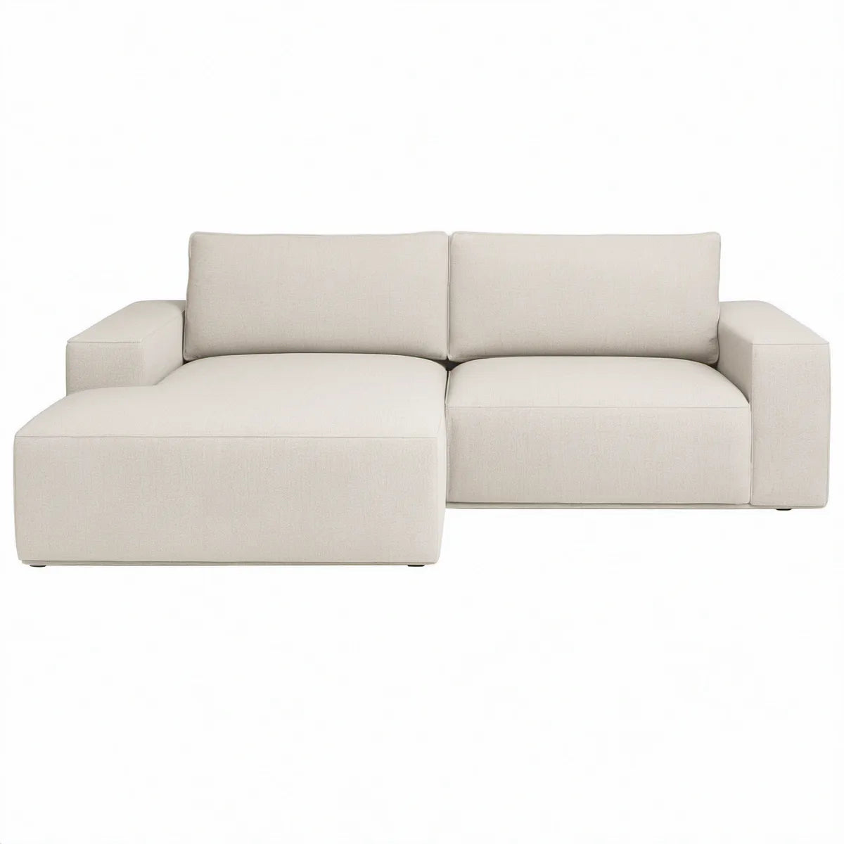 Venstrevendt chaiselongsofa i creme polyester, 220 x 150 x 78 cm
