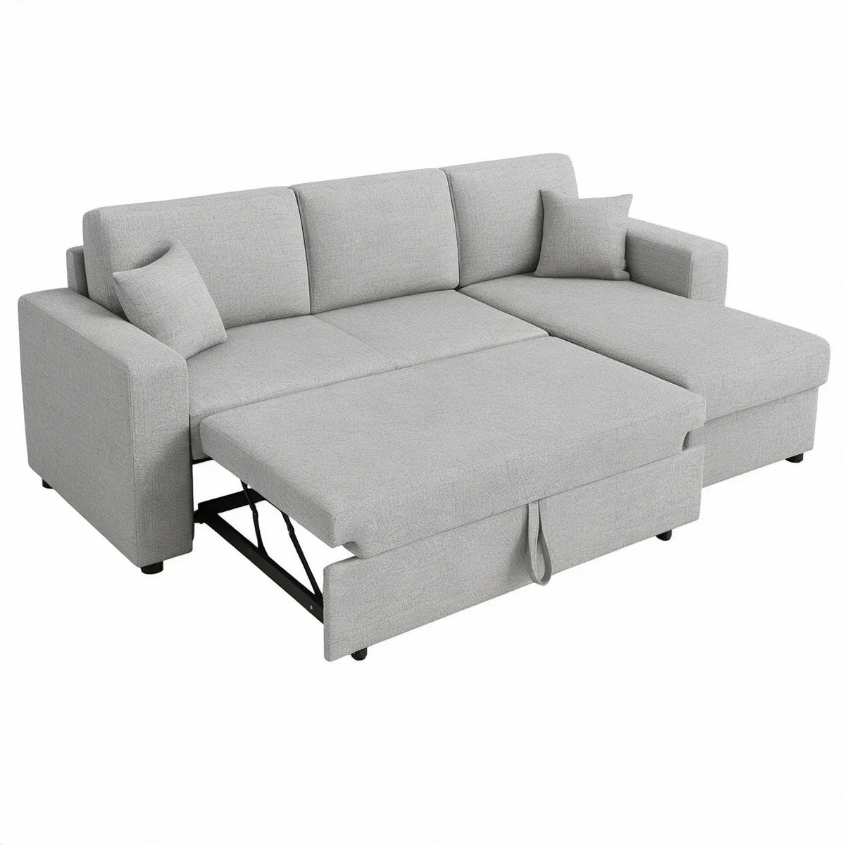 Lysegrå sovesofa med højrevendt chaiselong og udtræk, 250 x 160 x 85 cm